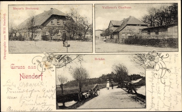 Postcard Niendorf I Römstedt Lüneburger Heide?, Meyer's possession, inn, bridge