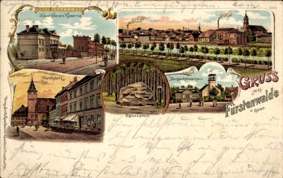 Litho Fürstenwalde an der Spree, Ulanen Kaserne, Marktplatz, Bergschlösschen, Rauenstein