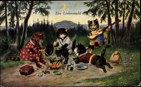 Moonlight Postcard Humanized Cats, A Love Feast, Campfires