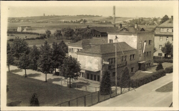 Postcard Glauchau in Saxony, sports park, landscape, trees, buildings, photography