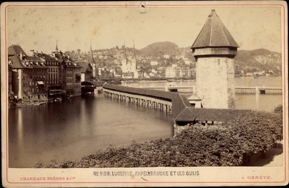 Cabinet photo Lucerne city Switzerland, Chapel Bridge, quays, photographer Charnaux Freres