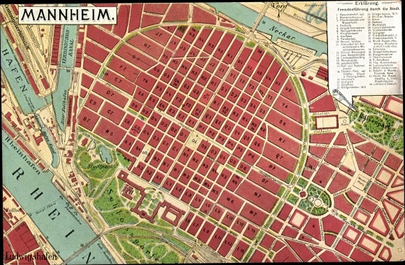 City map Postcard Mannheim in Baden Württemberg, tour guide, Rhine, harbor, castle garden, Luisenpark