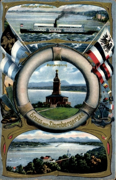 Embossed Passepartout Postcard Assenhausen Berg am Starnberger See, Bismarck Tower, Salon Steamer Wittelsbach
