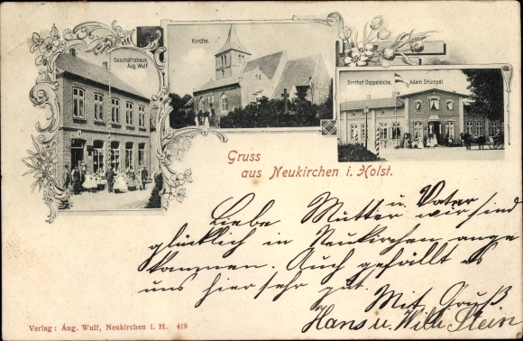 Postcard Ostseebad Neukirchen in Holstein, Gasthof Doppeleiche, church, commercial building Aug. Wulf