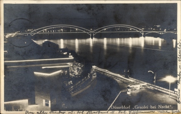 Ansichtkaart Düsseldorf am Rhein, grote tentoonstelling Gesolei 1926, nachtverlichting, brug