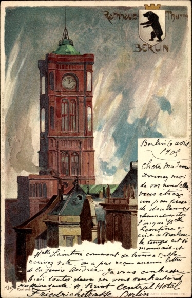 Artist Chromo-Litho Kley, H., Berlin, town hall tower, coat of arms