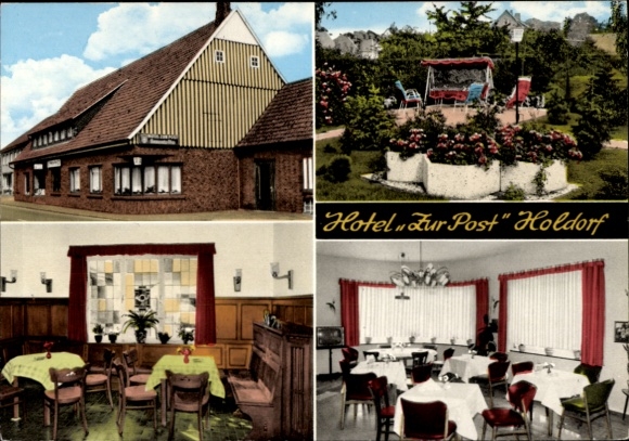 Ak Holdorf Nedersaksen, Hotel Zur Post, eigenaar Alwin Böckmann, interieur, tuin