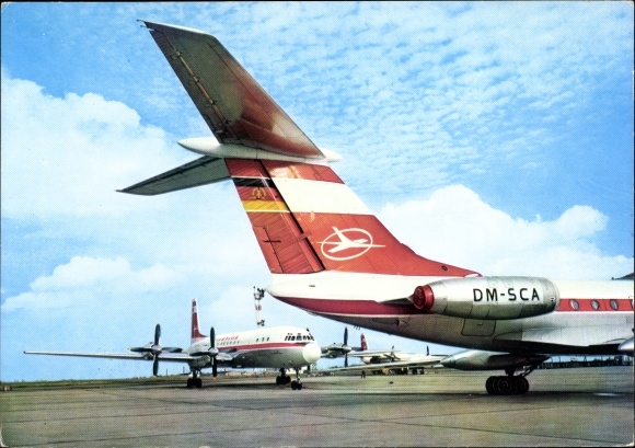 Postcard German passenger aircraft Tupolev Tu-134, Interflug, turbine jet airliner, DM-SCA
