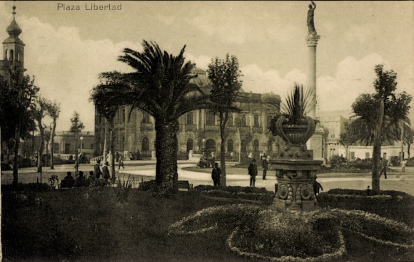 Ak Montevideo Uruguay, Plaza Libertad, Park mit Palmen, Brunnen, Menschen, Statue