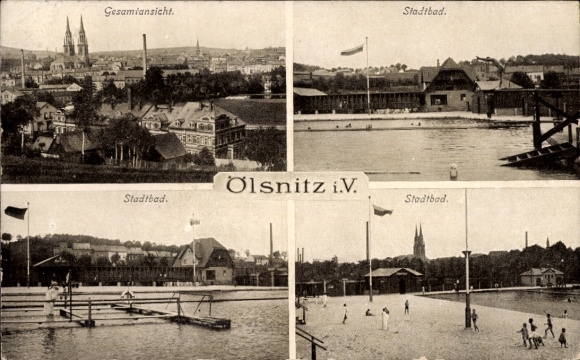 Ak Oelsnitz im Vogtland, Gesamtansicht, Stadtbad