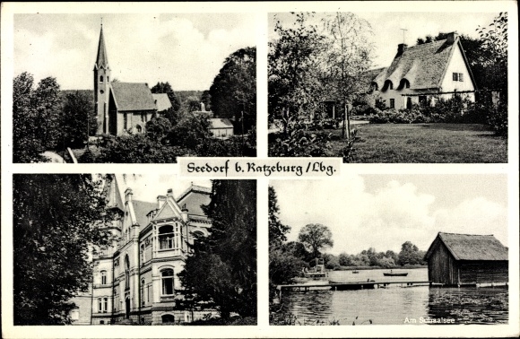 Postcard Seedorf in Lauenburg, view of the town with Schaalsee, church
