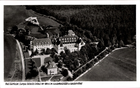 Postcard Bad Dürrheim in the Black Forest, aerial view of Europe's highest saltwater spa, children's sanatorium