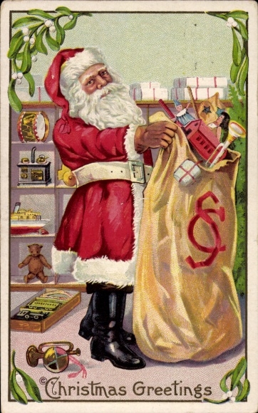 In reliëf gemaakte Ak Gefeliciteerd Kerstmis, Kerstman met cadeauzakje, speelgoedplank, maretak