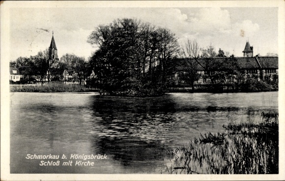 Postcard Schmorkau Neukirch Saxony, castle with church seen from the water