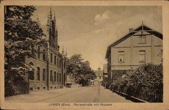 Ak Lingen im Emsland, Marienstraße, Postamt,  Architektur, Bäume, Wohnhäuser
