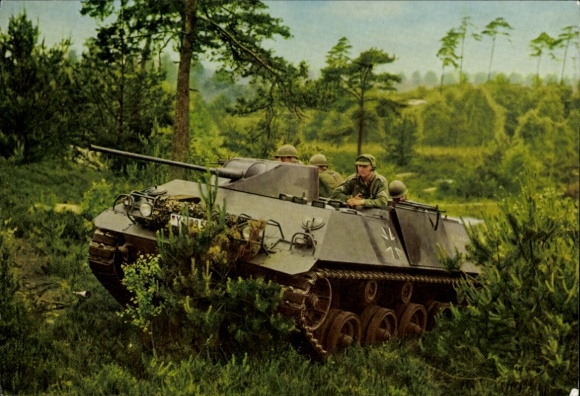 Postcard German Bundeswehr, armored personnel carrier HS 30 in firing position