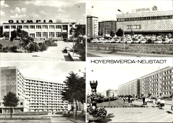 Postcard Hoyerswerda in Upper Lusatia, HO Restaurant Olympia, Centrum Department Store, Residential Complex VI, IX