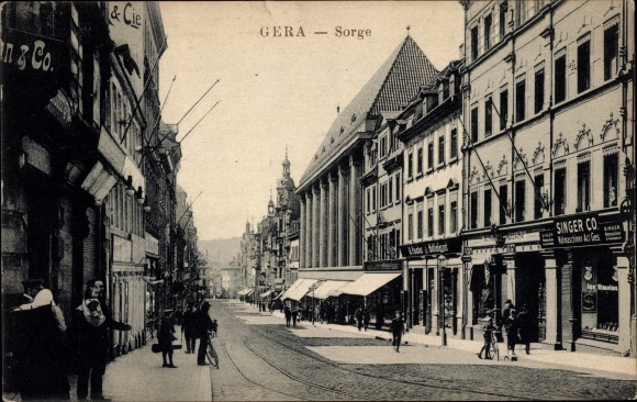 Ansichtkaart Gera Thüringen, concern, straatgedeelte, winkels, Singer Co.