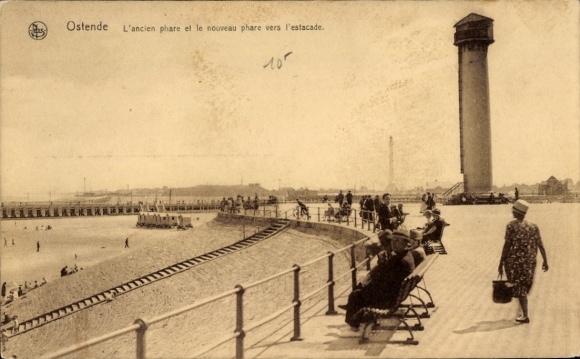 Postcard Oostende Ostend West Flanders, lighthouse, promenade