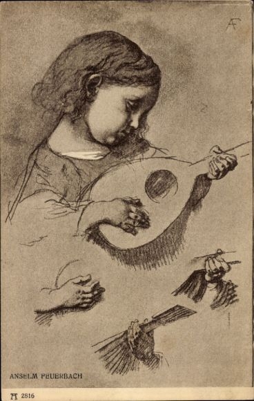 Artist Postcard Feuerbach, A., child plays lute