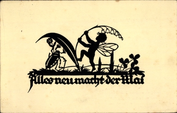 Paper cut Postcard Schwindt, AM, May makes everything new, may beetle, elf, shamrocks