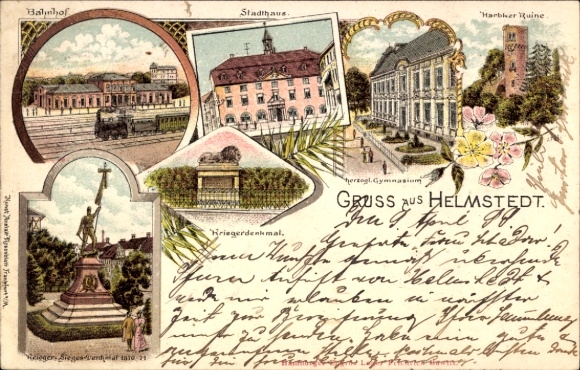 Litho Helmstedt in Niedersachsen, Stadthaus, Ruine, Kriegerdenkmal, Bahnhof