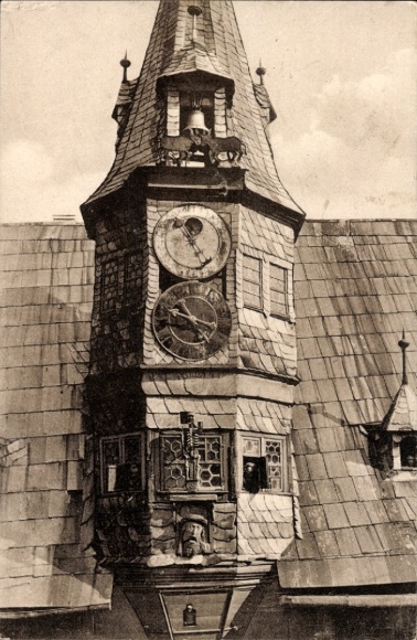 Ak Ochsenfurt am Main Unterfranken, Kunst-Uhr am Rathaus, aus dem Jahr 1505, Eisen, Figuren, Mond