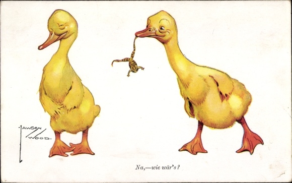 Artist Postcard Wood, Lawson, Well, how about it, young duck with frog, Primus 2505