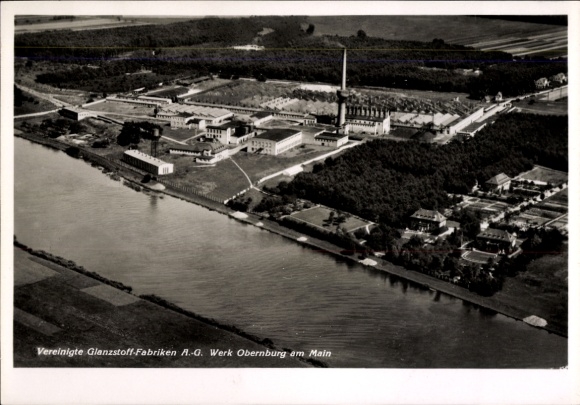 Postcard Obernburg am Main Lower Franconia, aerial photograph, Vereinigte Glanzstoff-Fabriken A.-G. factory