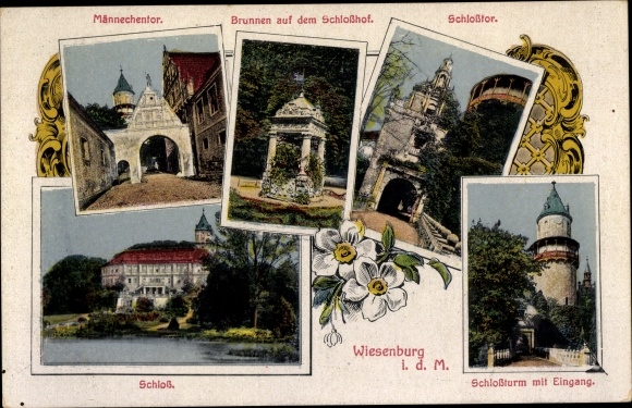 Ak Wiesenburg in der Mark, Männechentor, kasteel, kasteelpoort, kasteeltoren, kasteelhof, fontein