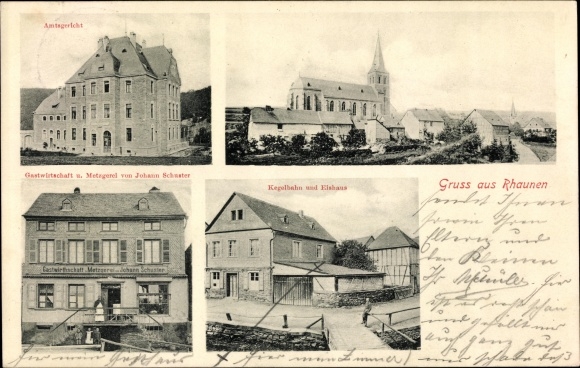 Postcard Rhaunen im Hunsrück, inn and butcher&#39;s shop, district court, church, ice house