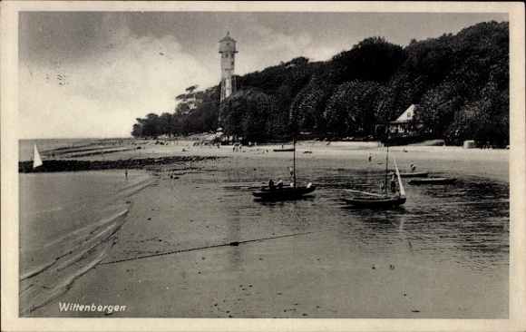 Ak Hamburg Altona Rissen Wittenbergen, Blick auf den Strand, Boote auf dem Wasser, Wasserturm im 