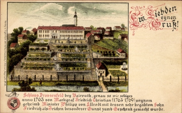 litho Neudrossenfeld in Opper-Franken, uitzicht op kasteel Drossenfeld, kasteelpark