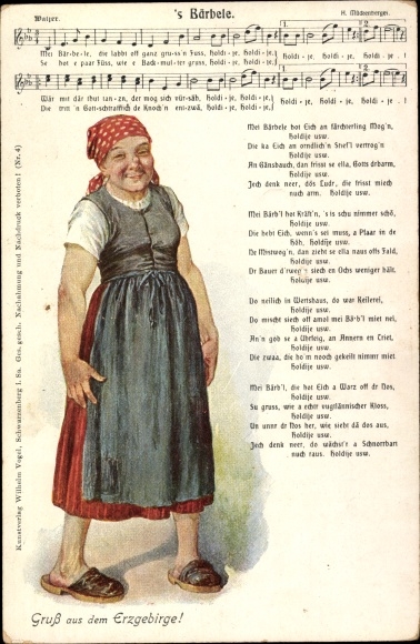Song Postcard Mückenberger, Hilmar, &#39;s Bärbele, Erzgebirge dialect, costume, Wilhelm Vogel