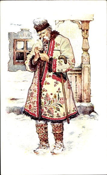 Artist Postcard Croatian folk costumes, village elder from Otok, pipe