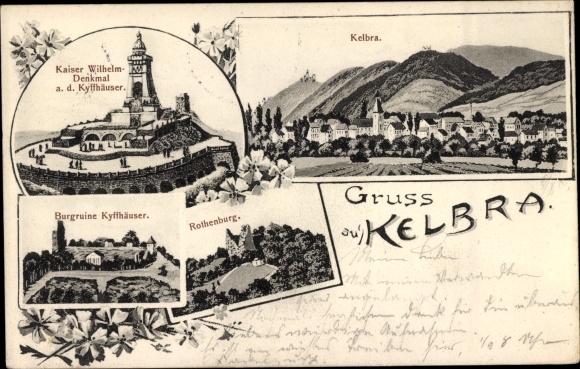 litho Kelbra bij de Kyffhäuser, Kaiser Wilhelm-monument, kasteelruïne, Rothenburg