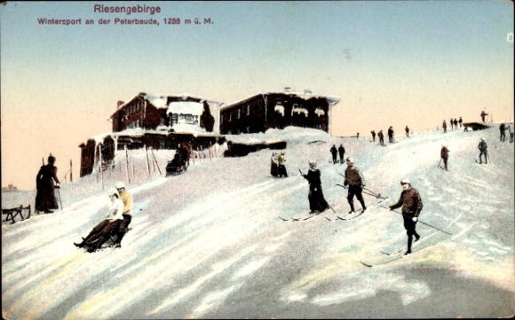 Postcard Spindleruv Mlýn Spindlermühle Giant Mountains Region Hradec Králové, Peterbaude, winter sports, skiing