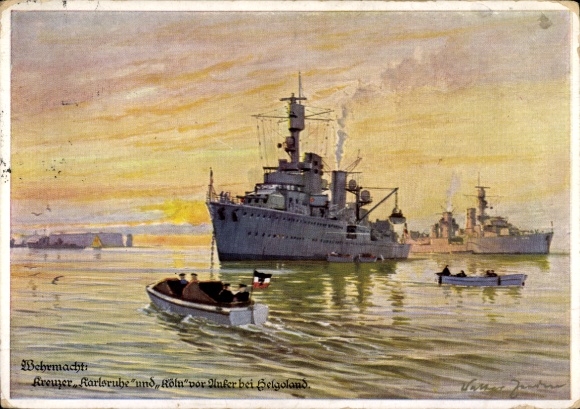 Künstler Ak Zeeden, Walter, Kreuzer Karlsruhe und Köln, Vor Anker bei Helgoland, Kriegsmarine