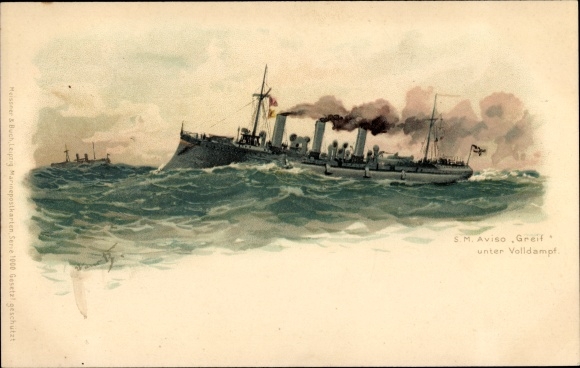 Artist Chromo-Litho Bohrdt, Hans, German warship, SMS Greif, Aviso
