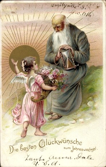 Embossed Chromo-Litho Happy New Year, Old and New Year, old man with hourglass, angel with cornucopia