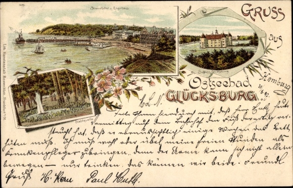 litho Glücksburg in Sleeswijk-Holstein, Stahlquelle, kasteel, strandhotel