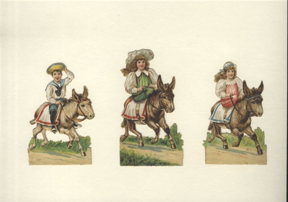 3 wafers children riding on donkeys, size approx. 12 x 7.5 cm and 10.5 x 7 cm