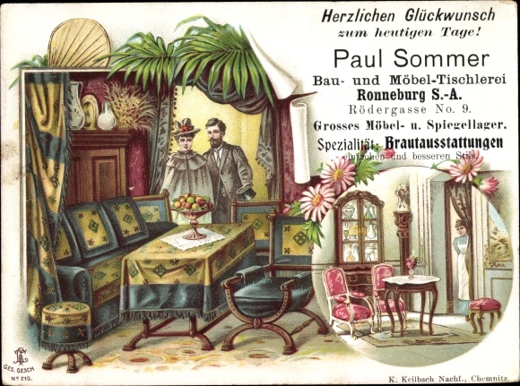 Chromo-Litho Ronneburg Thuringia, congratulations, wedding, advertising, carpentry, bridal equipment, Rödergasse 9