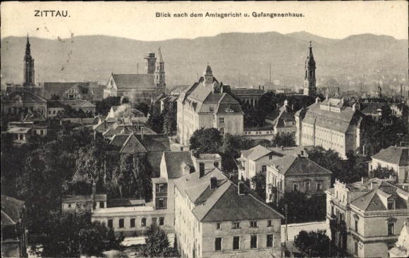 Postcard Zittau in Upper Lusatia, view of the new Royal District Court and prison