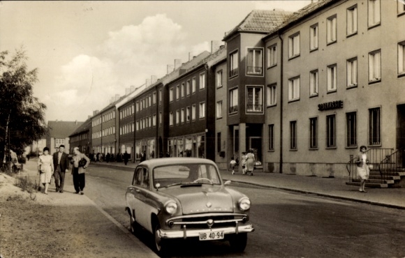 Postcard Kitzscher in Saxony, shopping street, car, savings bank