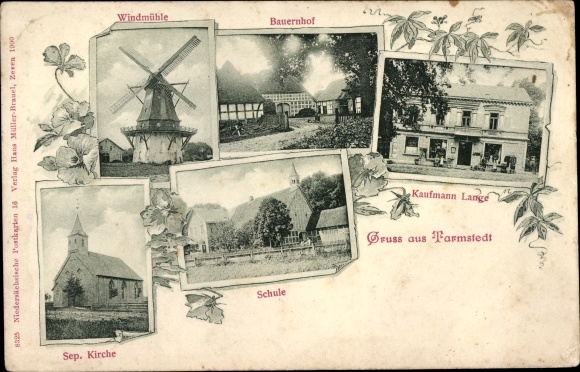 Postcard Tarmstedt, Windmill, Farm, Kaufmann Lange, School, Sep. Church