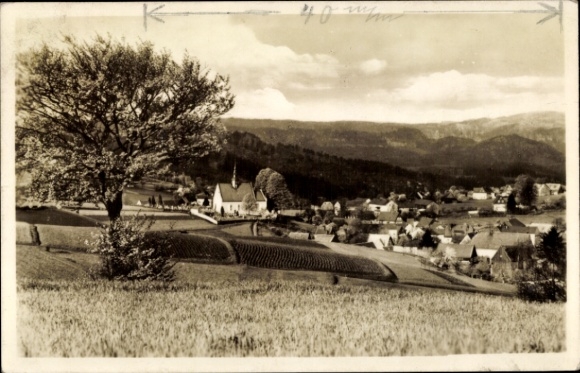 Postcard Hinterhermsdorf Sebnitz, view of the village, church, fields