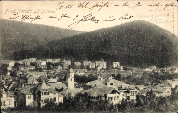 Postcard Friedrichroda in the Thuringian Forest, Friedrichroda with Gottlob, hills in the background, architecture
