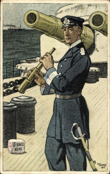 Artist Postcard Georgi, W., Advertising Leibniz Keks, Naval Officer on Deck of a German Warship