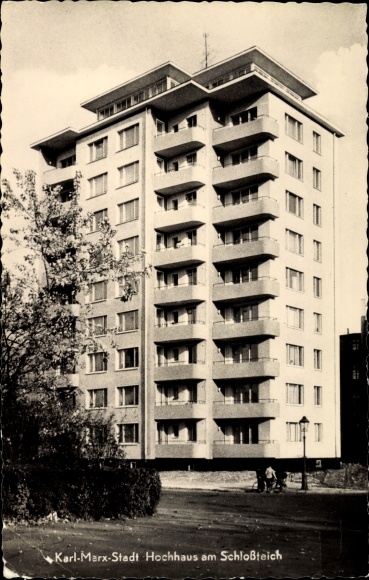 Ak Chemnitz in Sachsen, Hochhaus, Schlossteich